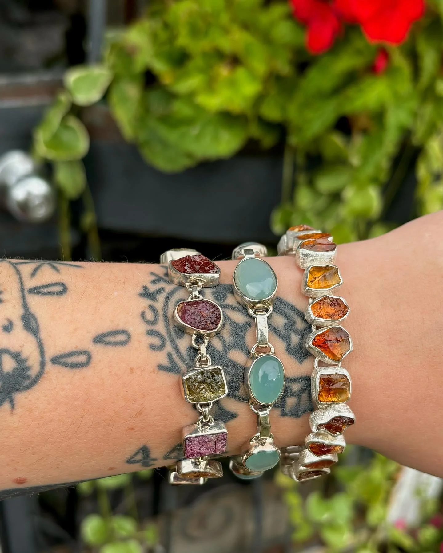 Level up your jewelry game this fall with some new bracelets!! 🤩🤩 Here we have tourmaline, aquamarine and dark citrine, all handmade + set in sterling silver. 

Curate your own unique combo down at the gallery!! We&rsquo;re open 10-5 Tuesday thru S