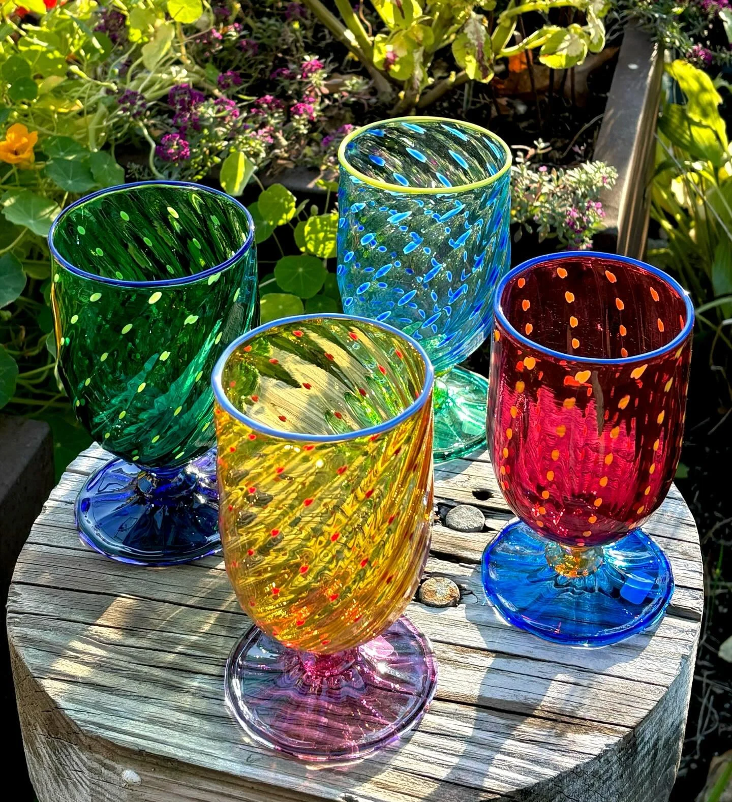 New glassware at the gallery🌿💫

Robert Dane&rsquo;s &ldquo;Tutti Fruitti Goblets&rdquo; are masterfully handblown in Heath, MA! 🩵 , These colorful beauties are hard to look away from. Hypnotic and cheerful, they&rsquo;re sure to liven up all of yo