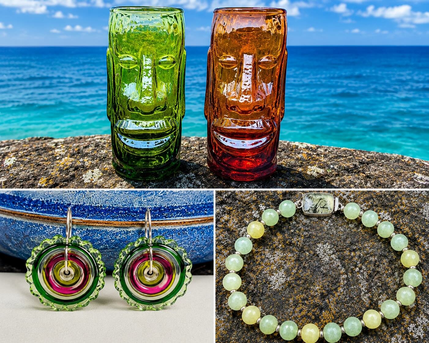 Where ocean light meets island spirit!!
🌊 ✨ 🗿 
Handcrafted glass, bold color, and stone-born jewels ~ a collection inspired by tide, lava, and salt air!
Now showing in Rocky Neck, Gloucester! 

#capeann
#artgallery
#glassart
#artistmade 
#moai