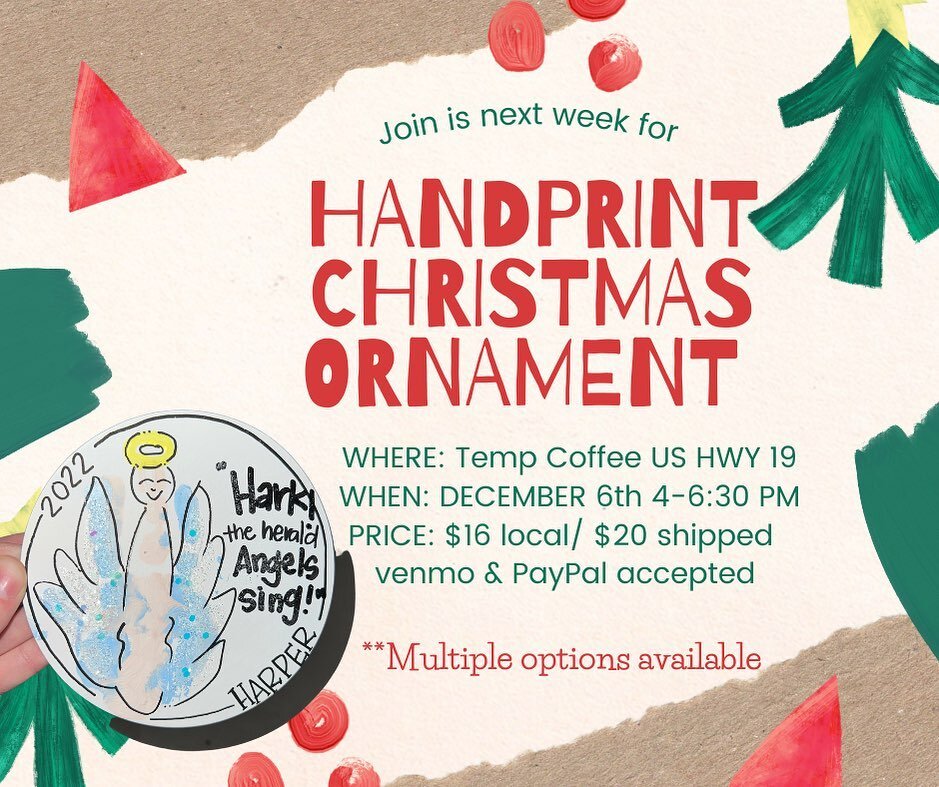 We are excited to be hosting this event from @hangitup_co this Tuesday on our back patio! 

Enjoy one of our seasonal lattes and create a special ornament with your little one(s)🎄