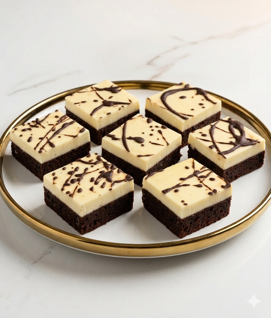  BLACK & WHITE CHEESECAKE BROWNIE:  A layer of our rich and decadent chocolate brownie topped with a layer of our award winning New York Cheesecake. This perfect balanced dessert is finished with a chocolate drizzle, and is perfect for every occasion