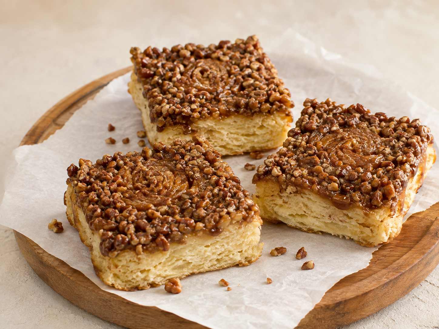  STICKY BUN:  An indulgent breakfast pastry made from sweet Danish dough baked with cinnamon and brown sugar, and topped with glazed pecan pieces.  Available in Extra Large, Small or in Mini 8x12 pull apart pans 