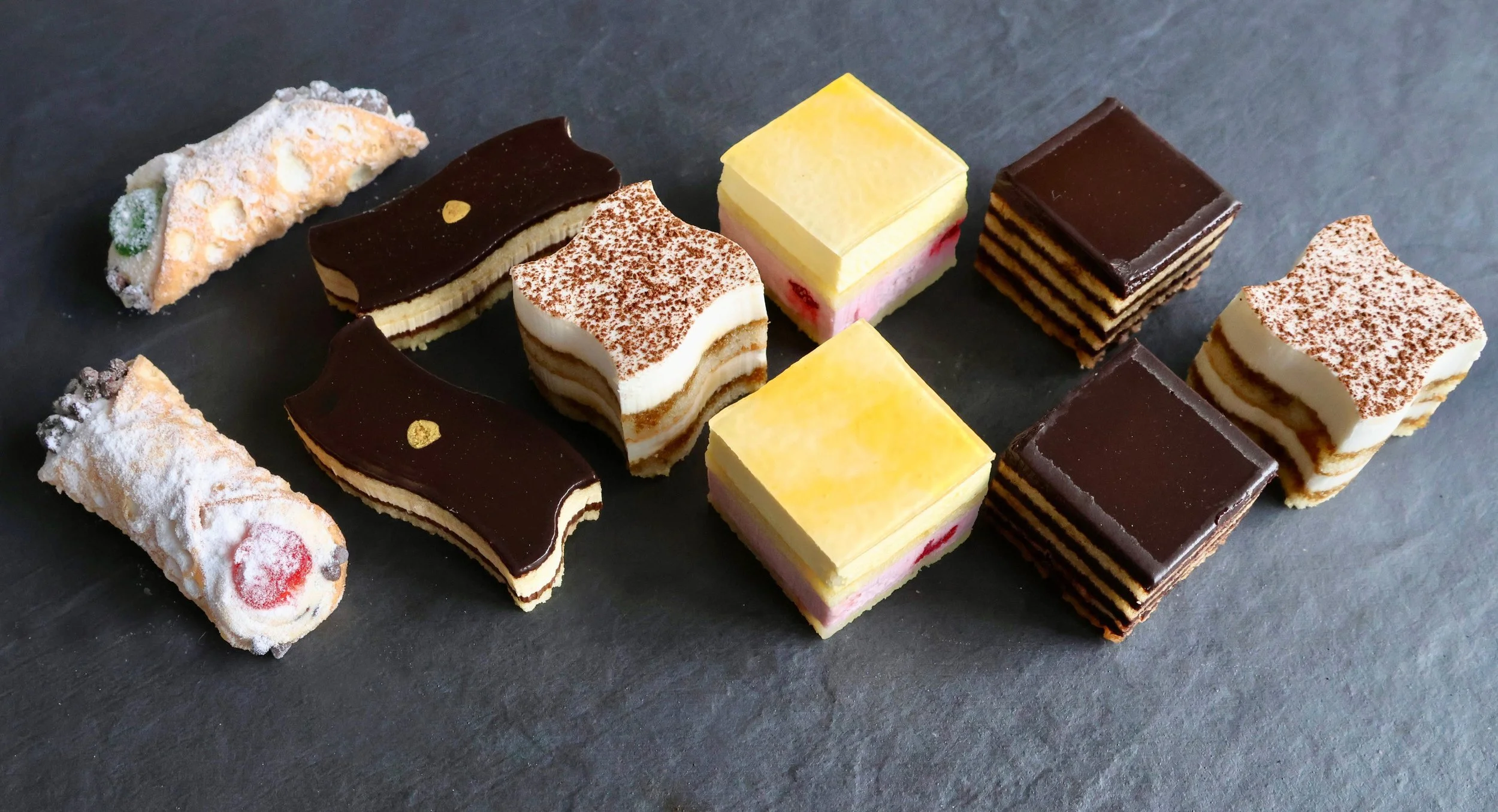  MEDIUM FRENCH PASTRIES:  Smaller versions of our most elegant desserts that are ideal for buffets or on a duo plate. These medium pastries are sold as either individual flavors or as an assortment. Flavors include; Cannoli; Mango Raspberry; Opera To