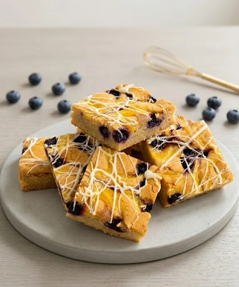  LEMON BLUEBERRY BLONDIE:  A buttery brown sugar blondie baked with whole blueberries and swirled with a tart lemon filling. A light drizzle of fondant icing brings together this bright and refreshing dessert option.   Available 16"x24" Full Sheets -