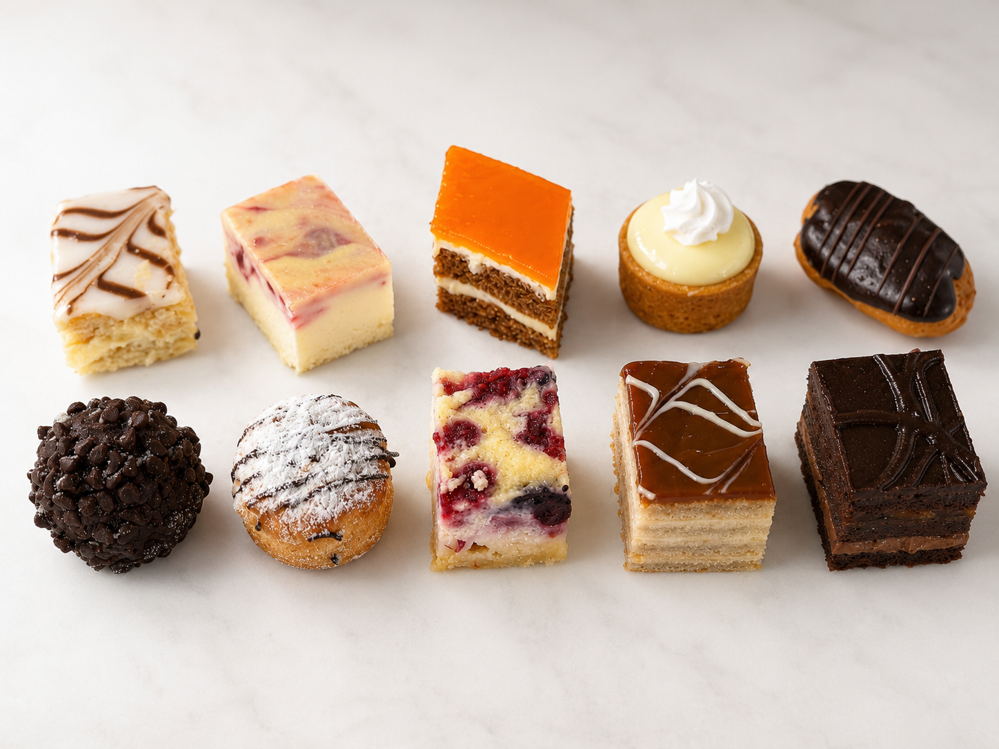  ASSORTMENT OF MINI FRENCH PASTRIES:  Miniature versions of our decadent and elegant European desserts. These bite sized treats are sold as either individual flavors or as an assortment. Flavors include; éclair, napoleon, key lime tartlet, carrot cak