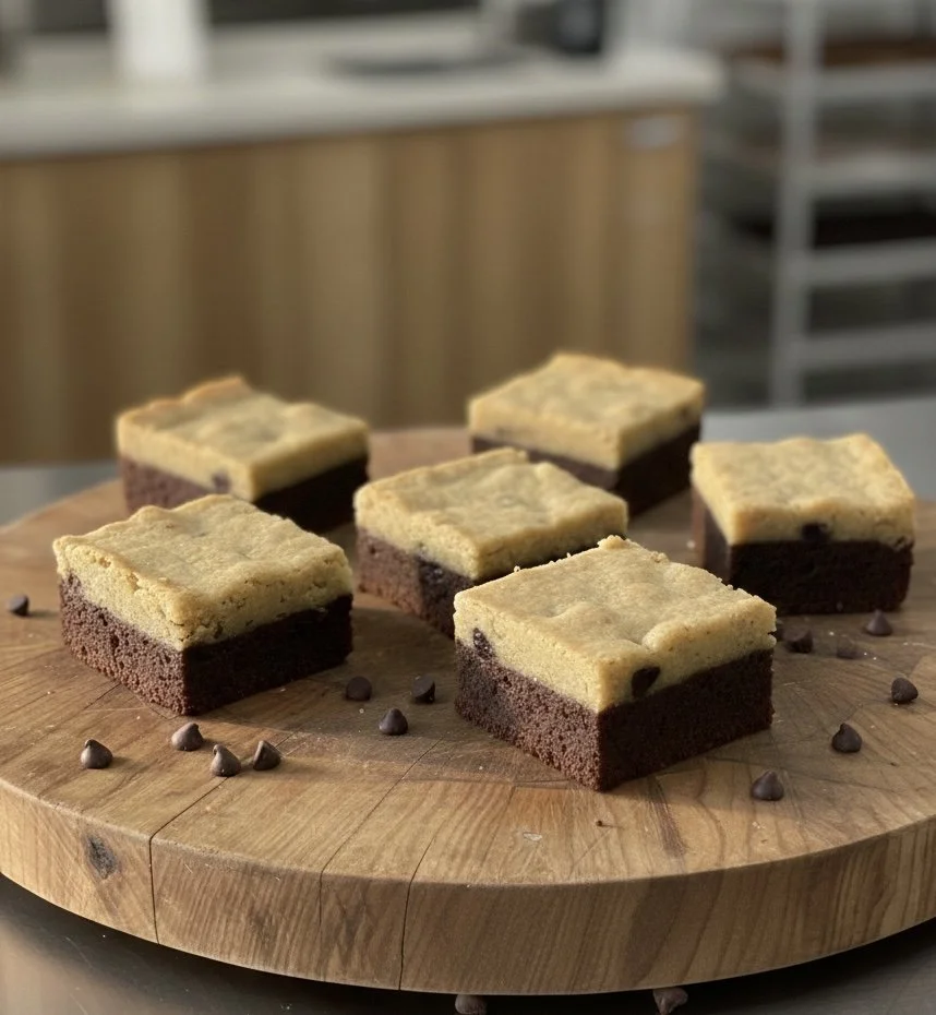  BROKKIE BAR:  A layer of our rich and decadent chocolate brownie topped with a layer of blondie chocolate chip cookie dough. Baked to create a perfect dessert combo!   Available 16"x24" Full Sheets - Uncut; 16"x24" Full Sheets - Pre Cut 