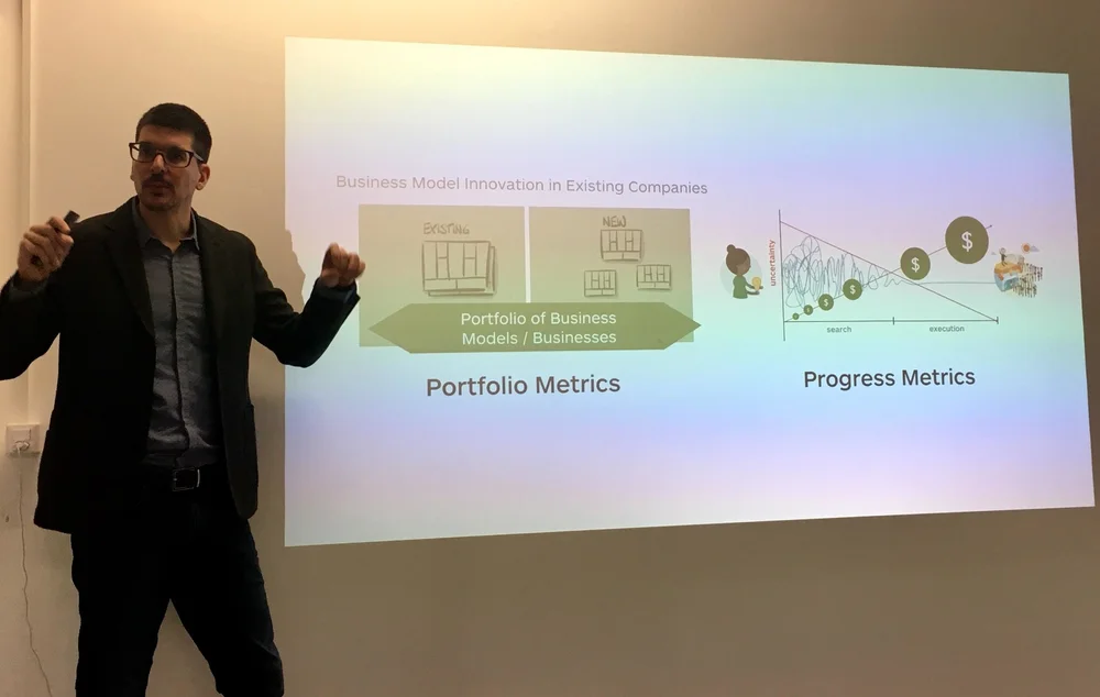  Alex Osterwalder about to present the latest prototypes created in the innovation metrics project 