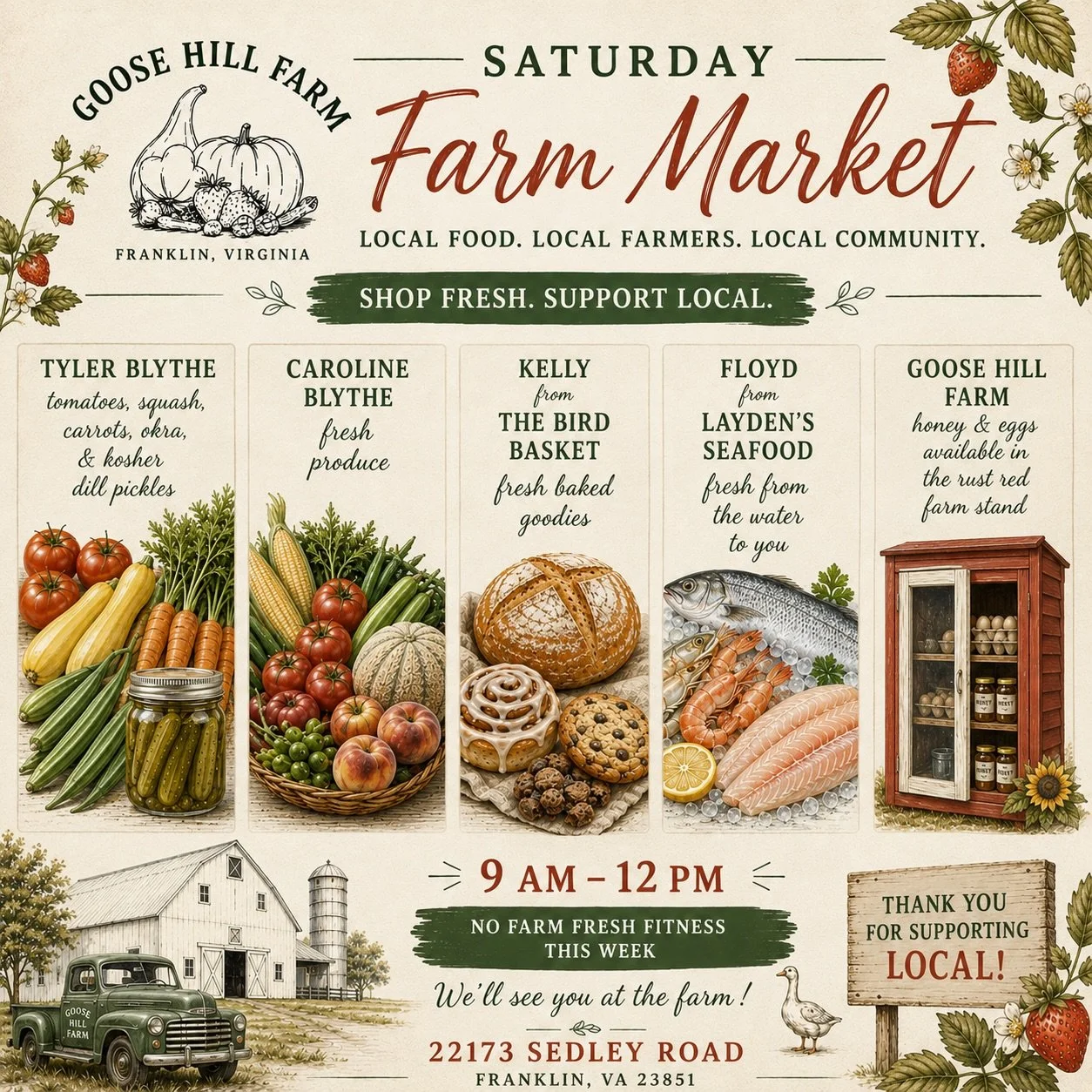 Saturday is Market Day at Goose Hill Farm!

📍 22173 Sedley Road, Franklin, VA
🕘 9 AM &ndash; 12 PM

Here&rsquo;s who you&rsquo;ll find this week:

🍅 Tyler Blythe
Tomatoes &bull; Squash &bull; Carrots &bull; Okra &bull; Kosher Dill Pickles

🥕 Caro