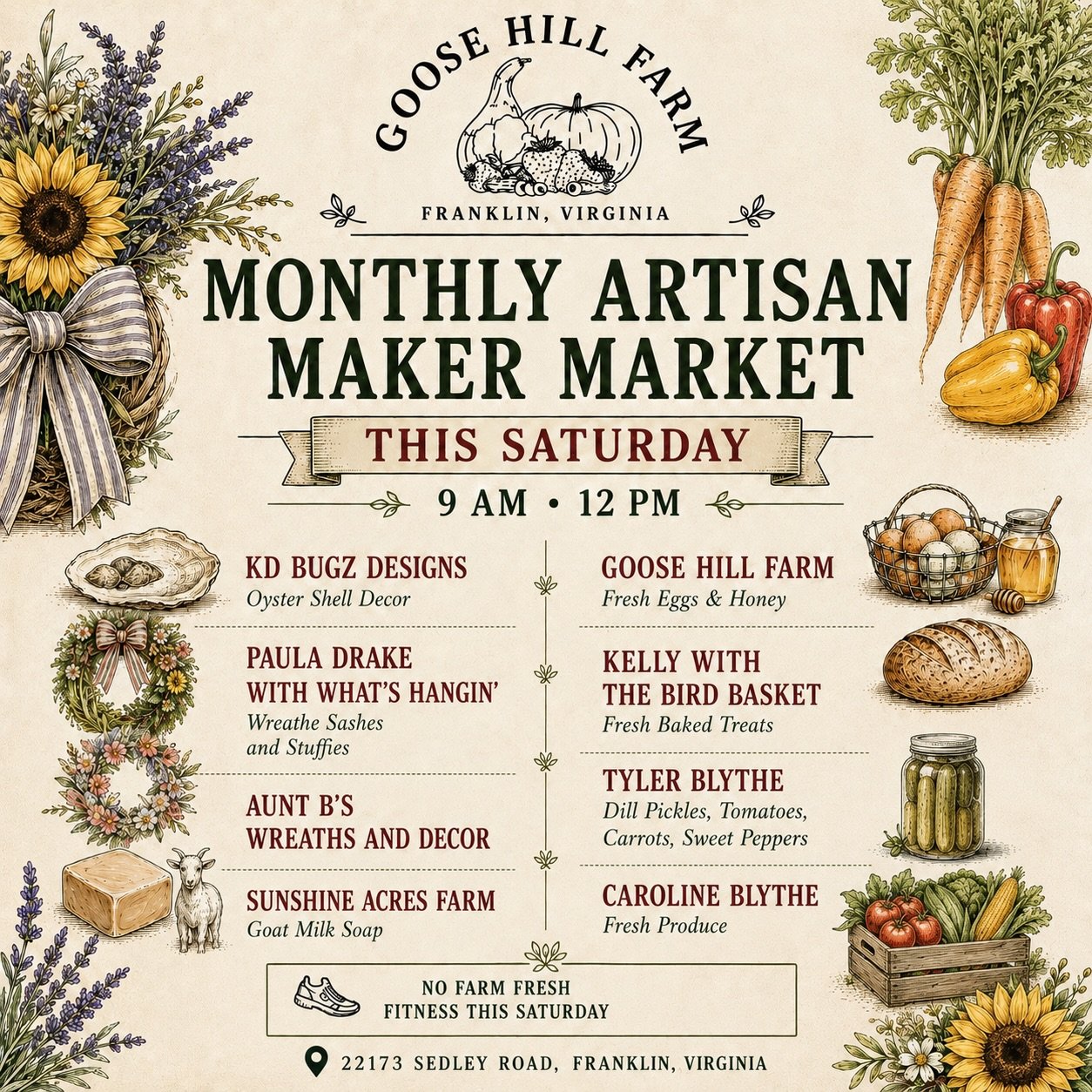 This Saturday is our Monthly Artisan Maker Market at Goose Hill Farm!

9 AM&ndash;12 PM
📍 22173 Sedley Road, Franklin

SHOP LOCAL
&bull; KD Bugz Designs &mdash; Oyster shell decor
&bull; What&rsquo;s Hangin&rsquo; &mdash; Wreath sashes + stuffies
&b