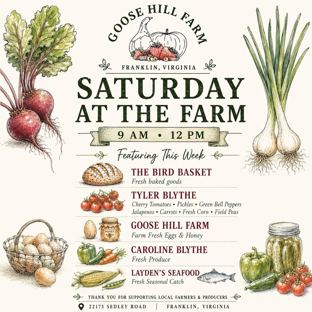 Saturday at the Farm 🌿
9 AM&ndash;12 PM | Goose Hill Farm

This week you&rsquo;ll find:

🥖 The Bird Basket &mdash; Fresh baked goods
🍅 Tyler Blythe &mdash; Cherry tomatoes, pickles, green bell peppers, jalape&ntilde;os, carrots, fresh corn &amp; f