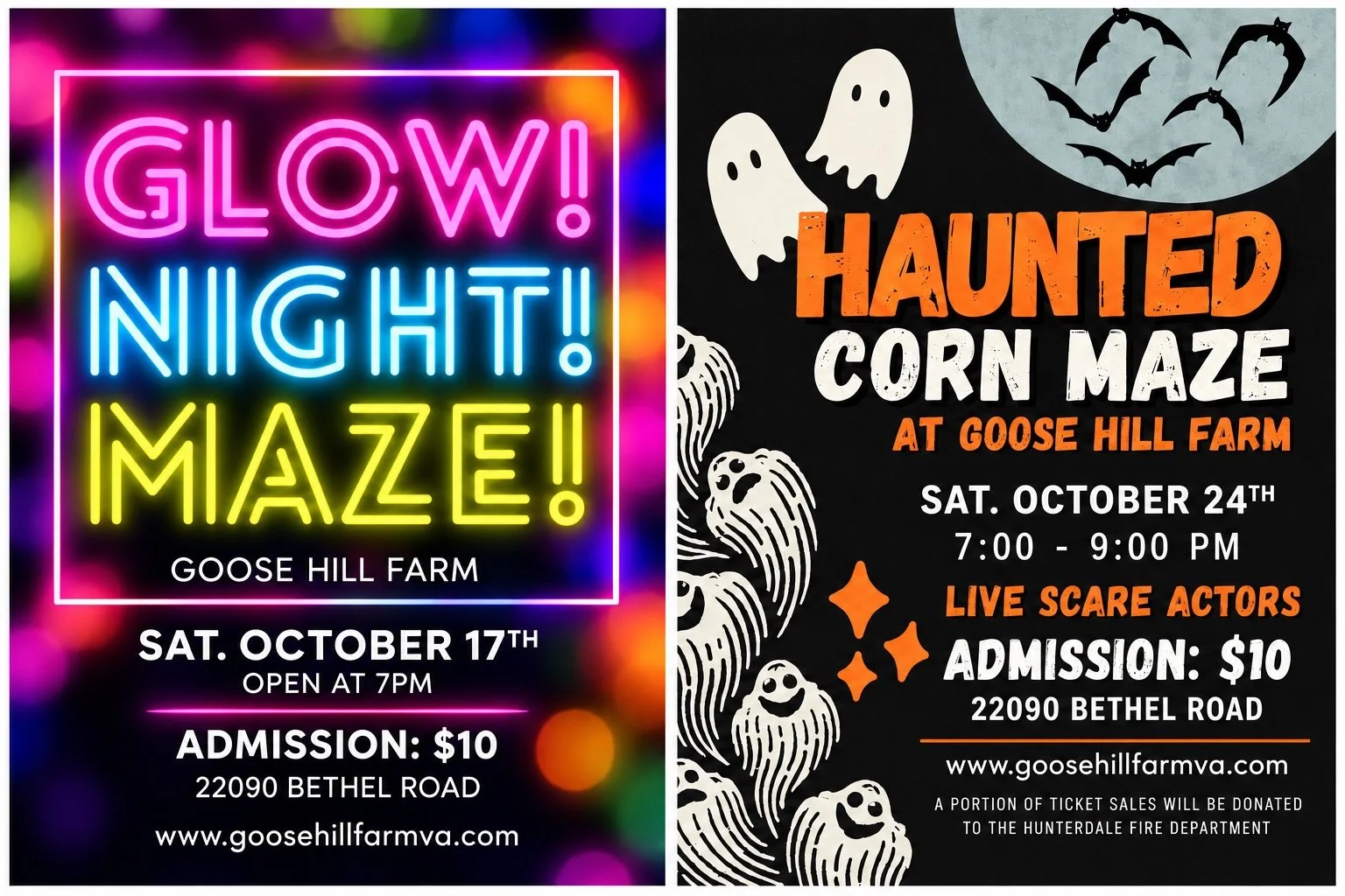 Two nights. Two completely different ways to take on the corn maze after dark. 🌽

GLOW NIGHT MAZE &mdash; Sat. October 17
Grab your glow sticks, bring your crew, and light up the maze! Neon, nighttime fun and a whole new way to experience Goose Hill