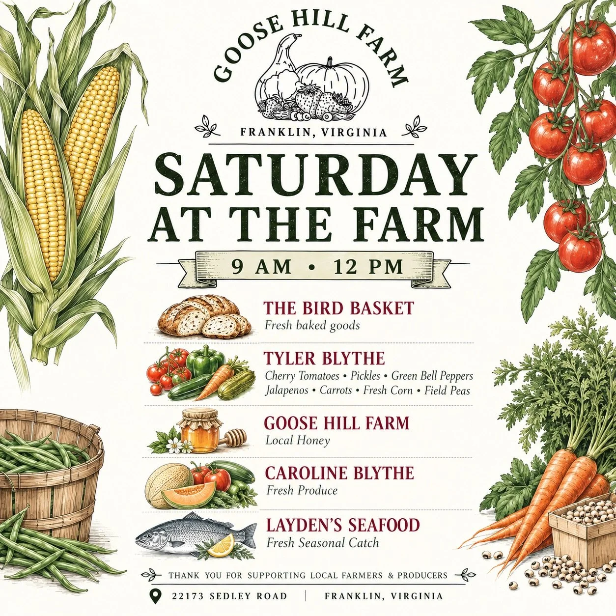Saturday plans? Keep them local.

Stop by Goose Hill Farm this Saturday from 9 AM&ndash;12 PM and stock up on fresh food from local farmers and producers.

This week at the farm:

🥖 The Bird Basket &mdash; Fresh baked goods
🌽 Tyler Blythe &mdash; C