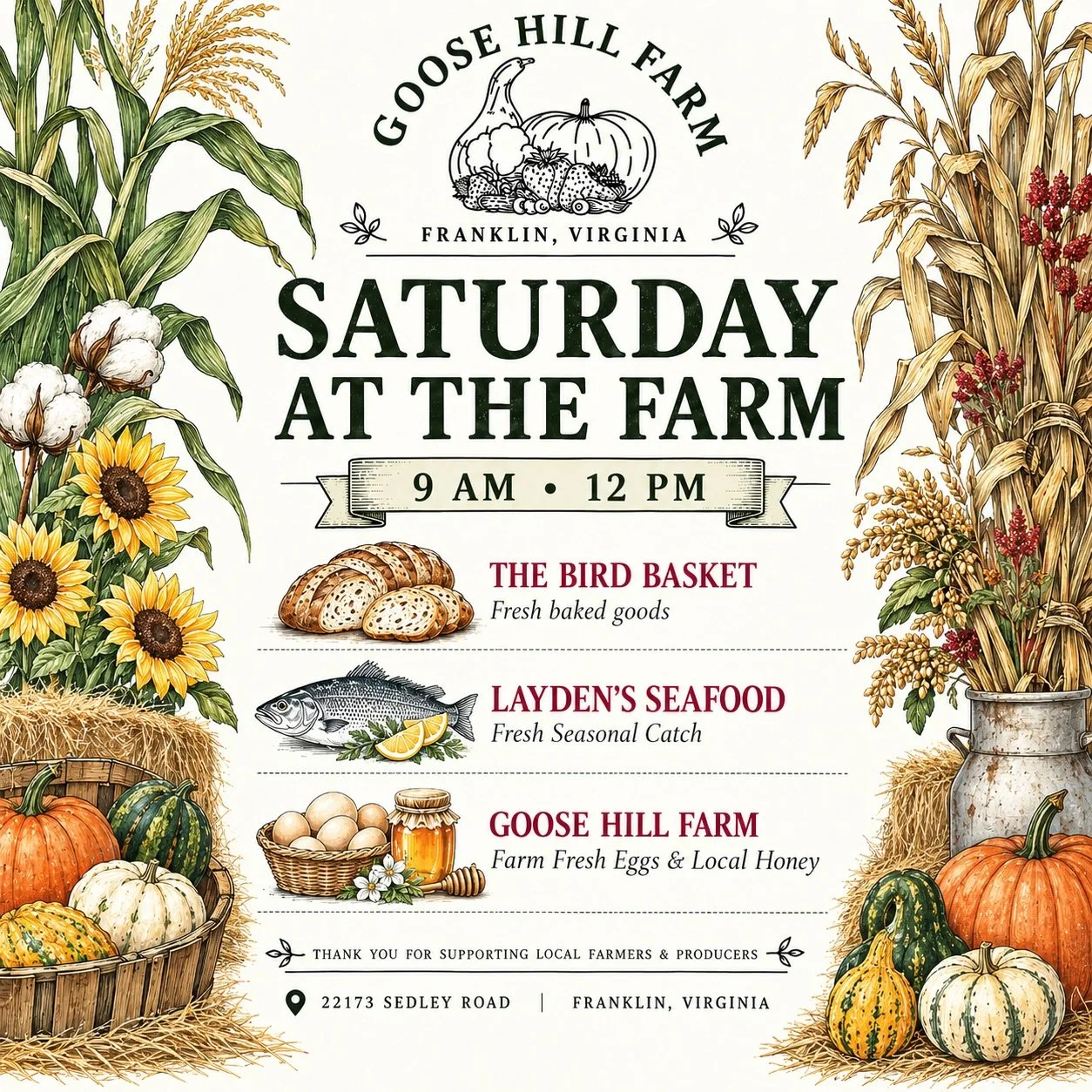 Saturday at the farm 🍂

Stop by Goose Hill Farm this Saturday from 9 AM&ndash;12 PM and stock up on a few local favorites:

&bull; The Bird Basket &mdash; fresh baked goods
&bull; Layden&rsquo;s Seafood &mdash; fresh seasonal catch
&bull; Goose Hill