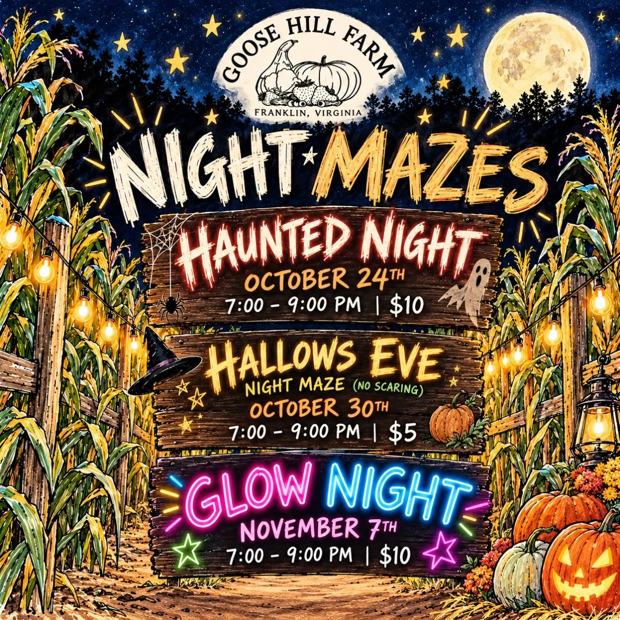Three nights. Three different ways to take on the maze.

Our Night Mazes continue at Goose Hill Farm:

👻 Saturday, October 24 | Haunted Night
7&ndash;9 PM | $10 admission
Enter after dark&hellip; if you dare. This is our scare night!

🎃 Friday, Oct