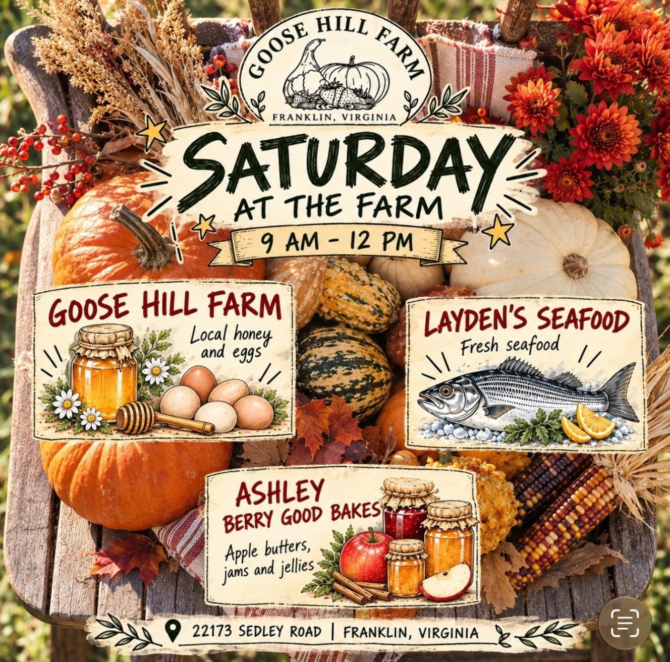Fall weekends are better at the farm!

Stop by this Saturday to stock up on local favorites:

Goose Hill Farm &ndash; Local honey &amp; eggs
Layden&rsquo;s Seafood &ndash; Fresh seafood
Berry Good Bakes &ndash; Apple butters, jams &amp; jellies

Satu