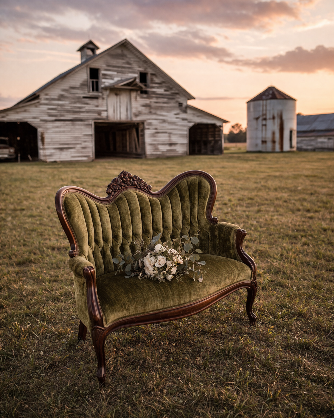 Vintage green velvet tufted sofa with floral bouquet on a farm field at sunset, barn and silo in the background.