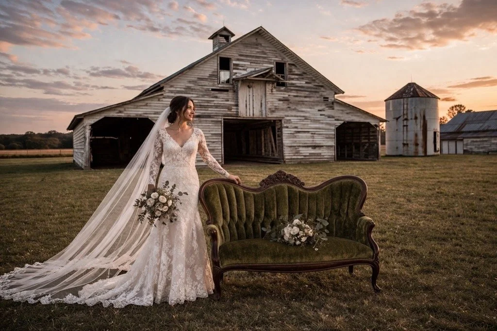 A bride in a white lace wedding gown and veil standing next to an old green velvet vintage sofa with a bouquet of white flowers on it, outdoors in front of a rustic barn at sunset.