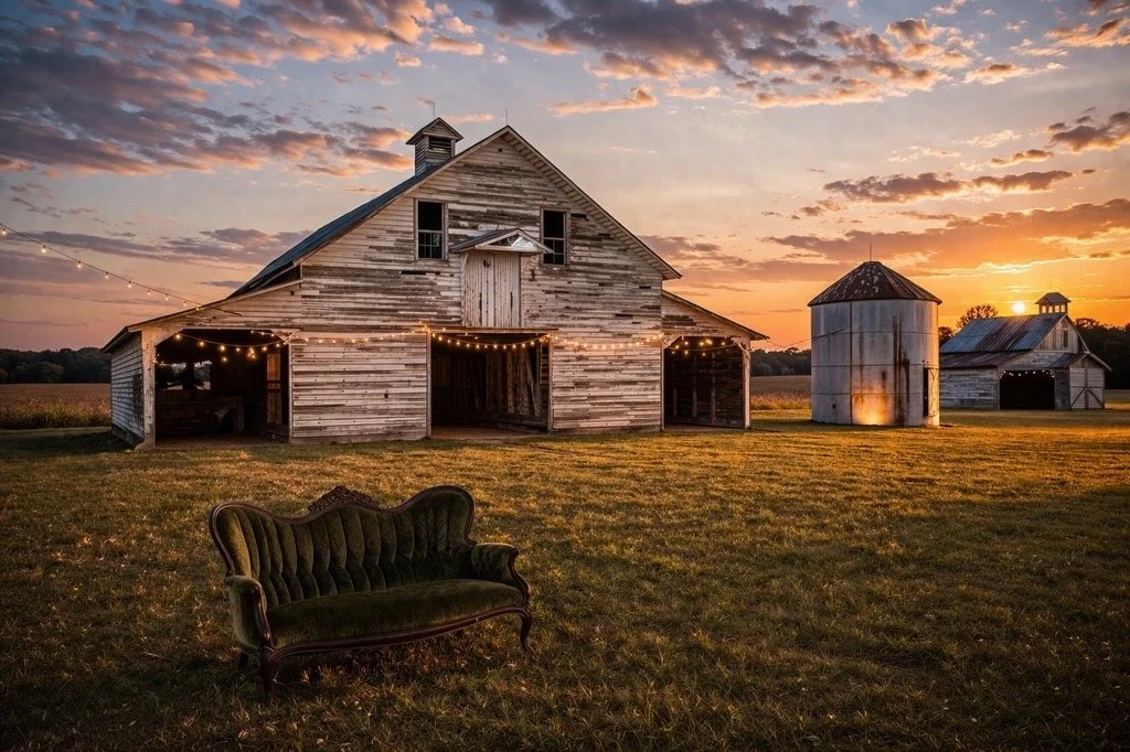 Sunset over a rustic farm with an old wooden barn, a silo, a smaller barn, and vintage furniture on a grassy field.