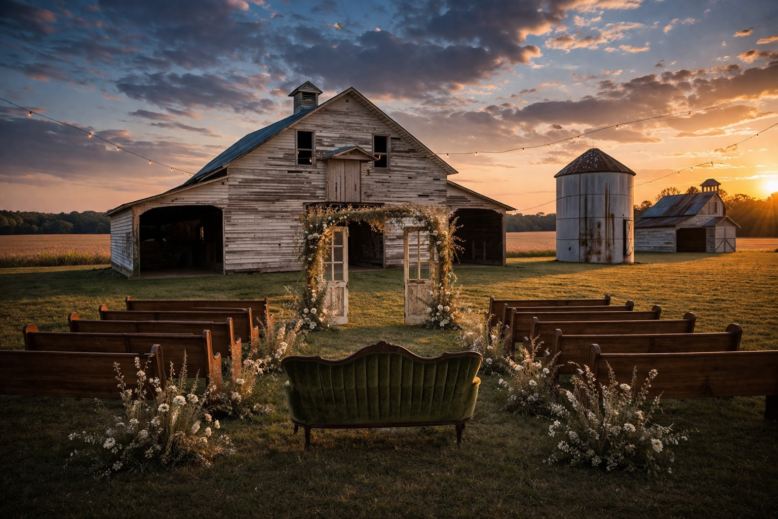 A rustic farm setting at sunset with a vintage barn, a water tower, and a small chapel decorated with flowers and string lights, set up for an outdoor wedding ceremony with wooden pews.