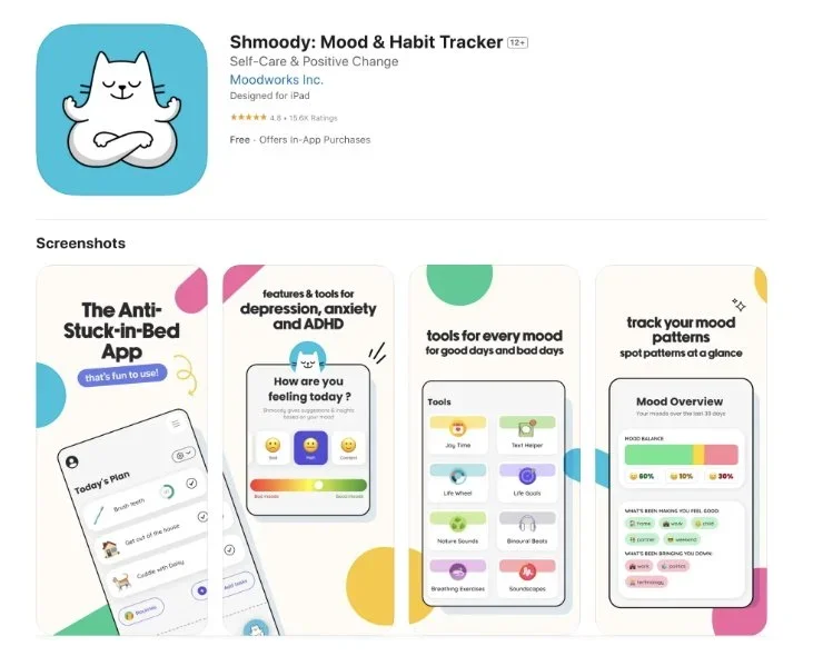 Screenshot of the Shmoody: Mood & Habit Tracker app page, showing app icon, description, ratings, and four screenshots of app features like mood tracking, tools for mood improvement, and pattern spotting.