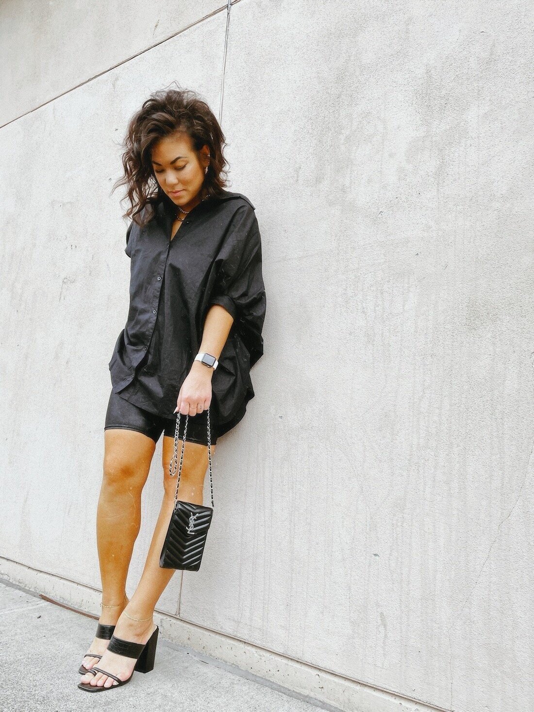 summer look: biker shorts + oversized button-up — april pollock