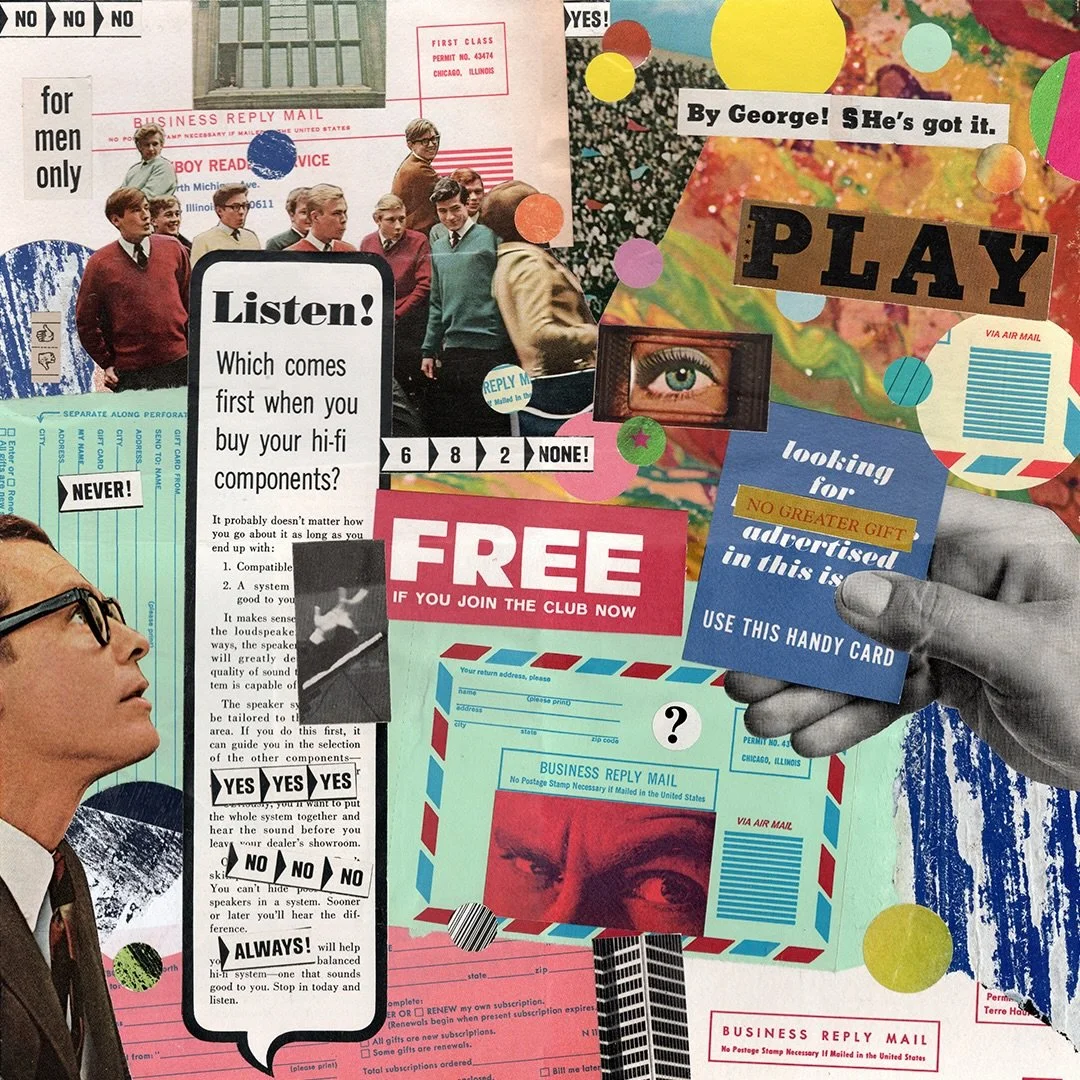 &ldquo;PLAY&rdquo; only uses images from vintage Playboys, mixed with a few pieces of wheat pasted posters for texture. This piece is a commentary on unwanted glances, feedback, commands and comments towards women. I used business reply mail inserts,