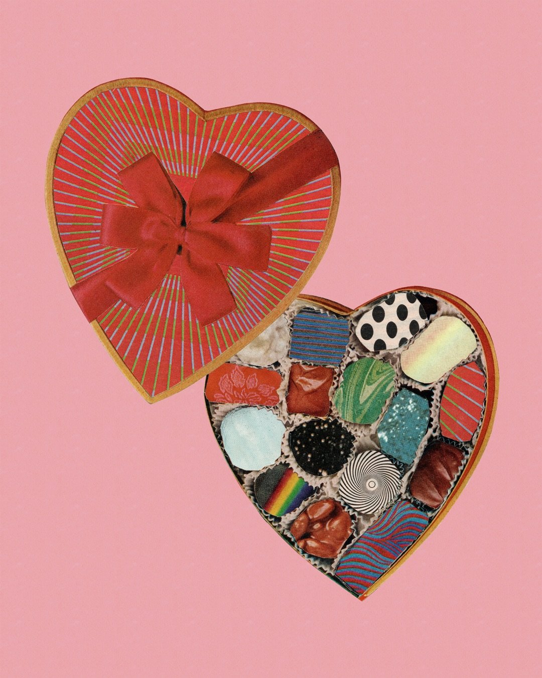 Happy love day! 💝 Februllage Day 14: Heart. 

Which piece of chocolate are you biting into first? 🍫🌀💫🌈

Hand cut collage on 8&rdquo; x 10&rdquo; paper. Swipe for some process photos. That was a lot of cutting! 😅

| #februllage2026 #heart #colla