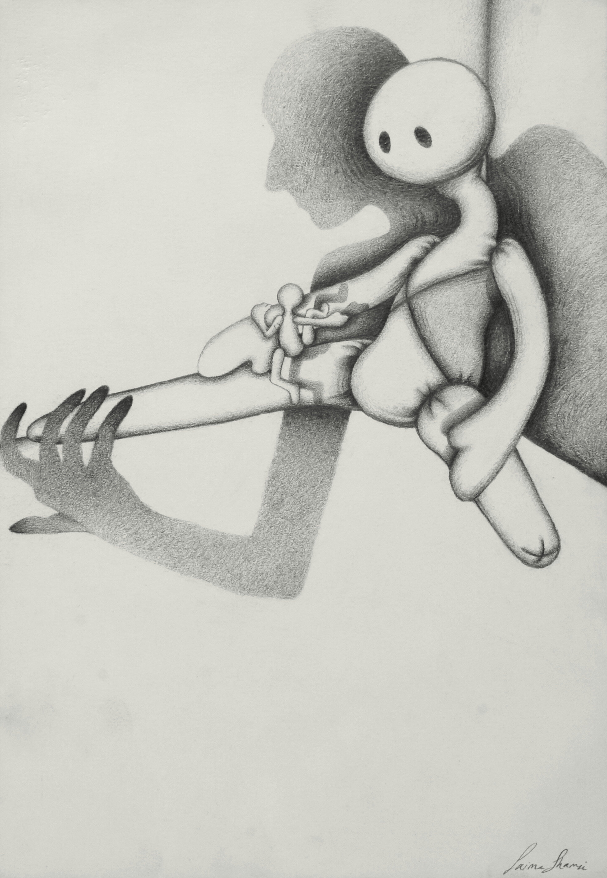 "The Amputee Doll," a Self-Portrait. 8.5 x 12. Graphite. By Saima Shamsi