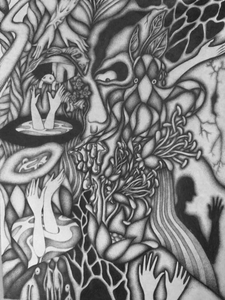 "Self-Portrait with Imaginary Flowers." 9 x 12. A Fine Art Drawing in Graphite by Saima Shamsi