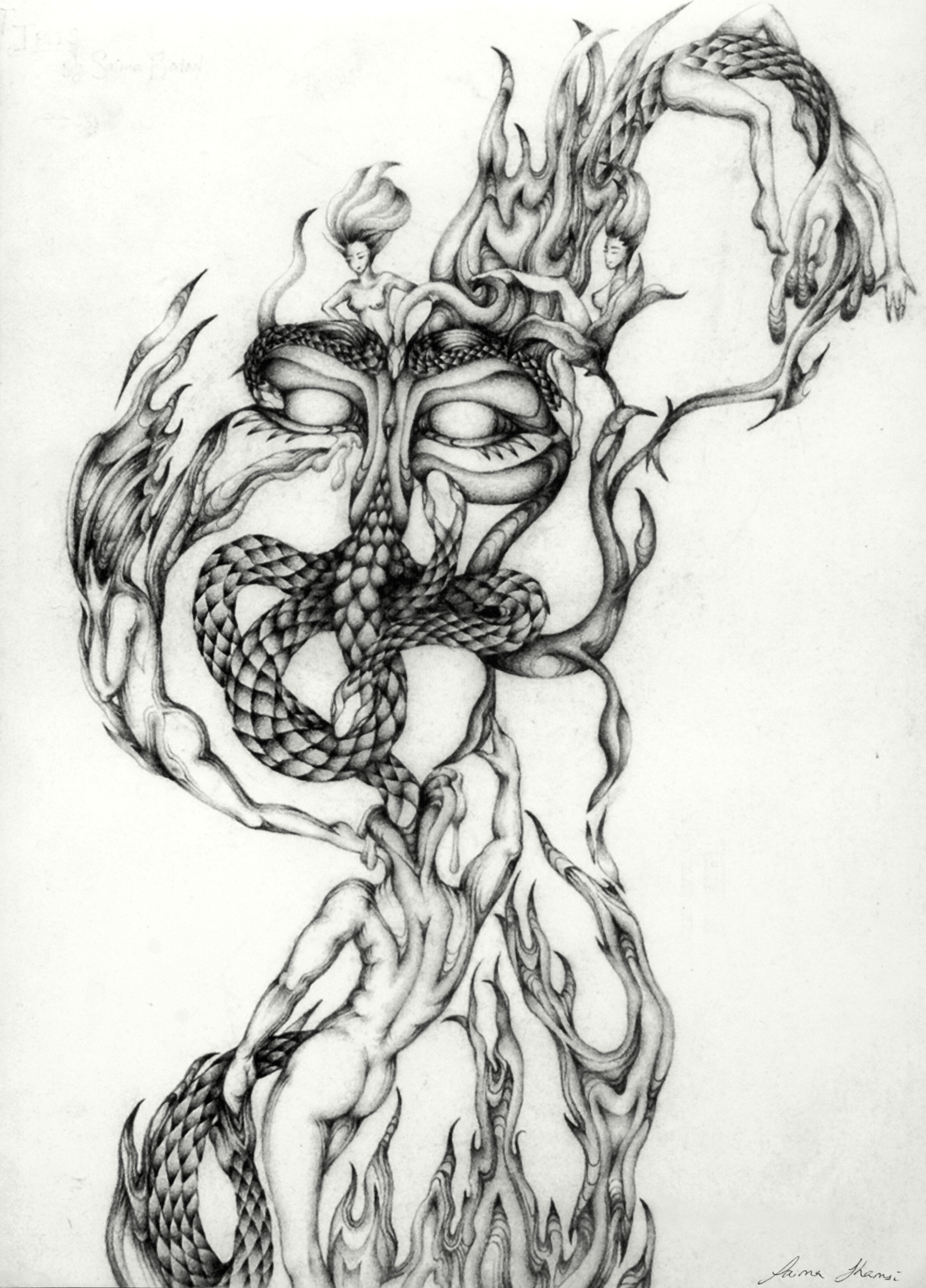 "Fire and Serpent," a Self-Portrait. 8.5 x 12. Graphite. By Saima Shamsi