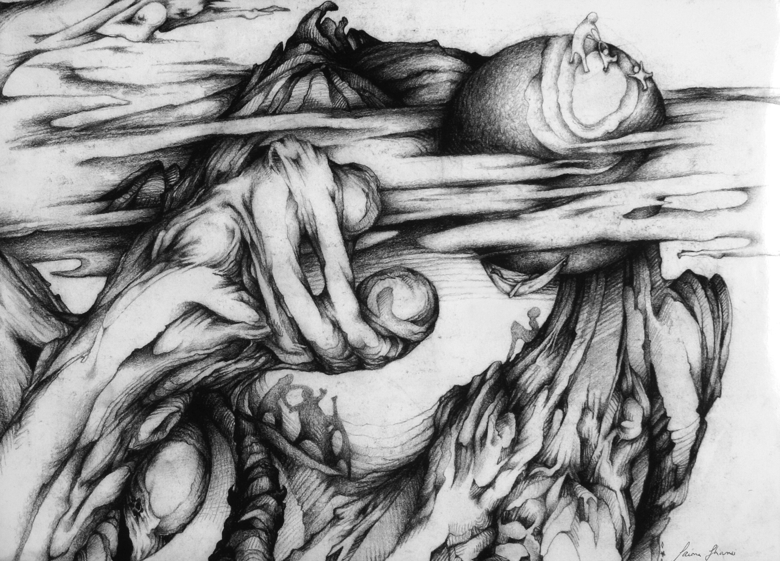 "There, There." A Self-Portrait. 9 x 12. Graphite. By Saima Shamsi
