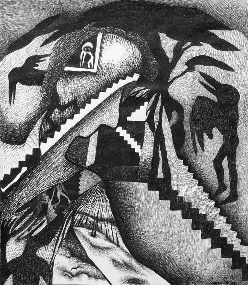 "Crows, a Self-Portrait." 14 x 16.5. Pen & Ink. By Saima Shamsi
