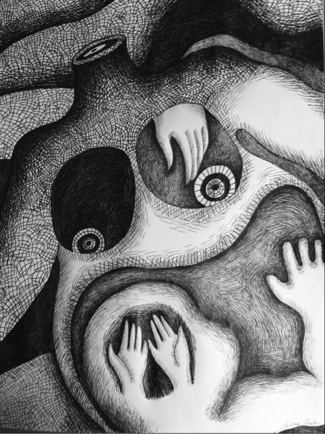 "Mother and Child (Why Are We Born Upside Down?") 11 x 14. Pen & Ink. By Saima Shamsi