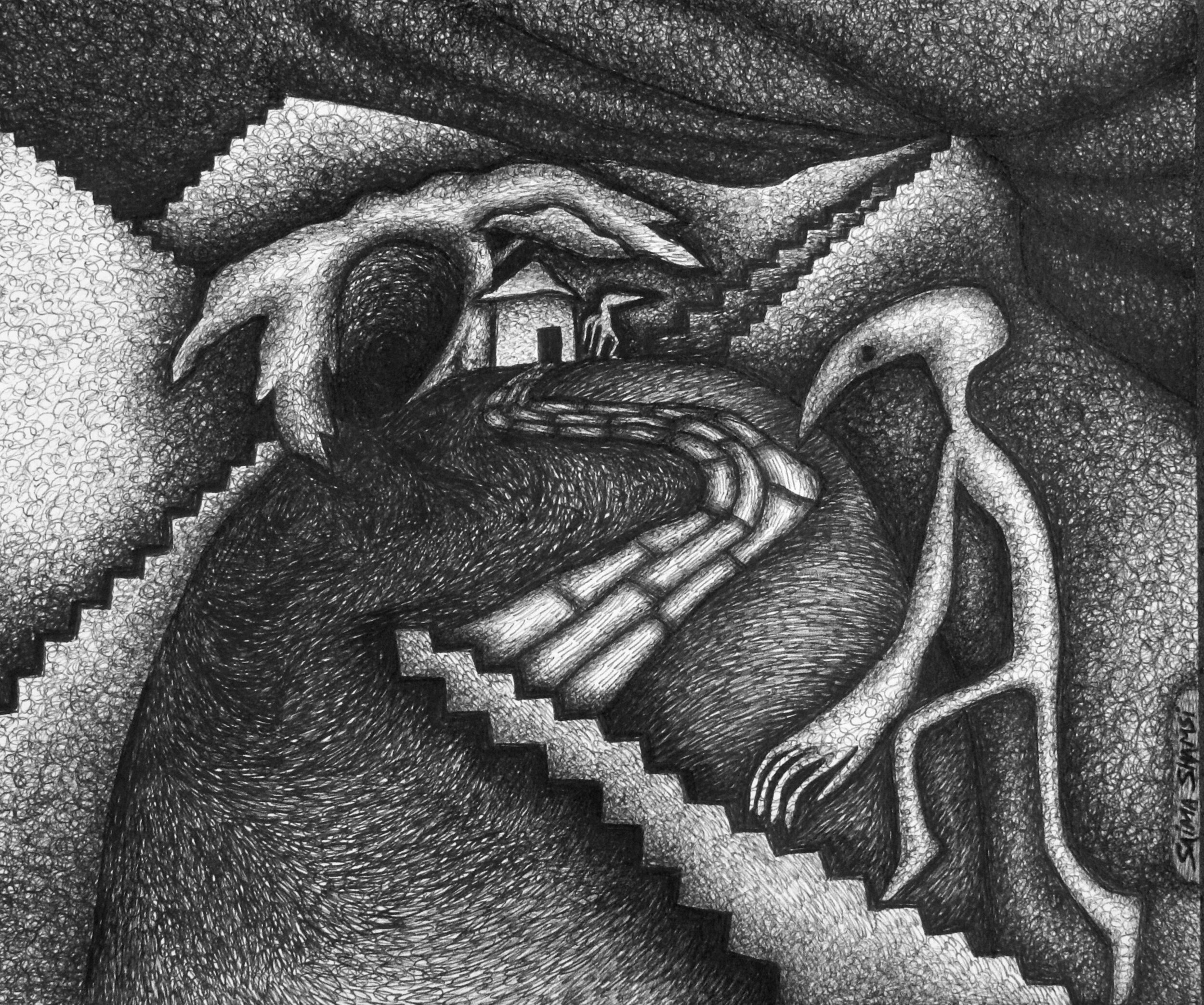 "Untitled," a Self-Portrait. 8 x 9.5. Pen & Ink. By Saima Shamsi