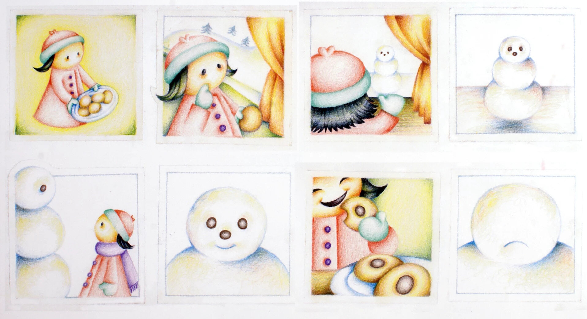 "The Snowman, " A Self-Portrait Storyboard. 11 x 20. Color Pencils. By Saima Shamsi