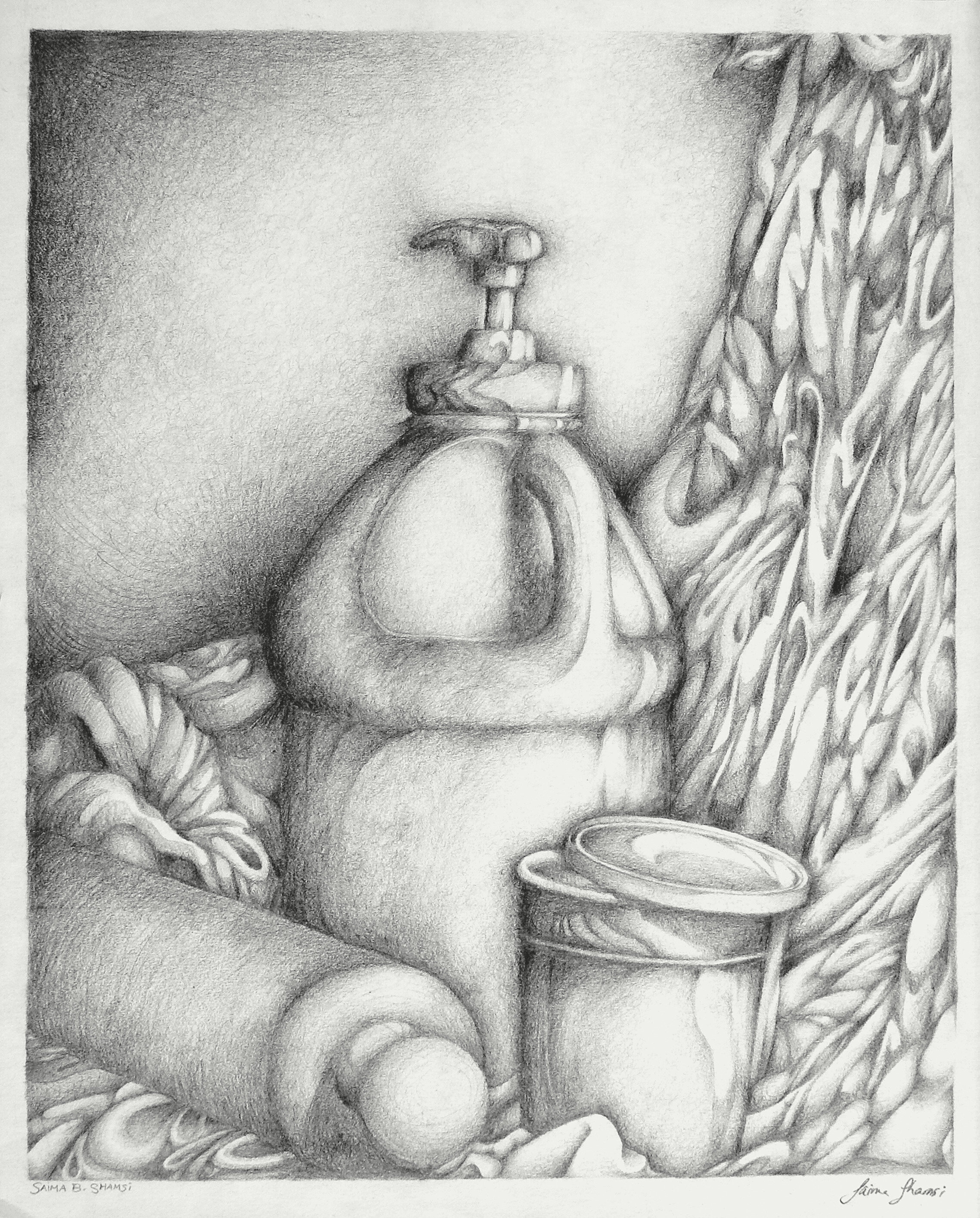 "Still Life." 11.5 x 14. Graphite. By Saima Shamsi