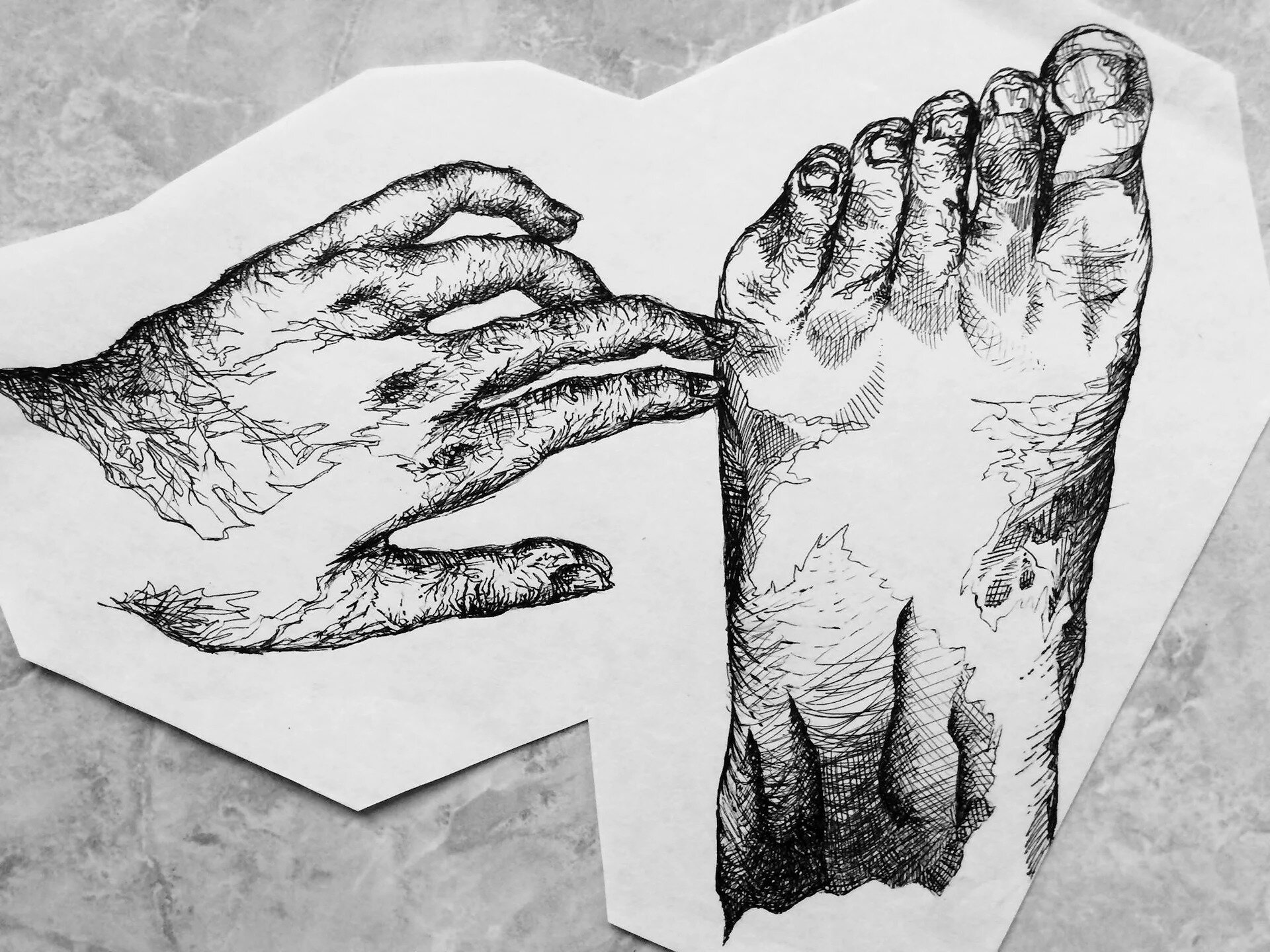 "Hand and Foot." Pen & Ink. By Saima Shamsi