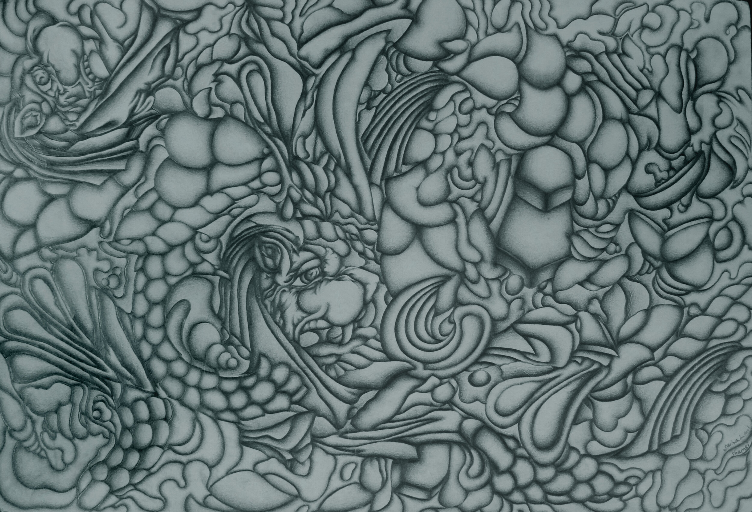 "Chinese Guardian Lion." 12 x 18. Ebony. By Saima Shamsi