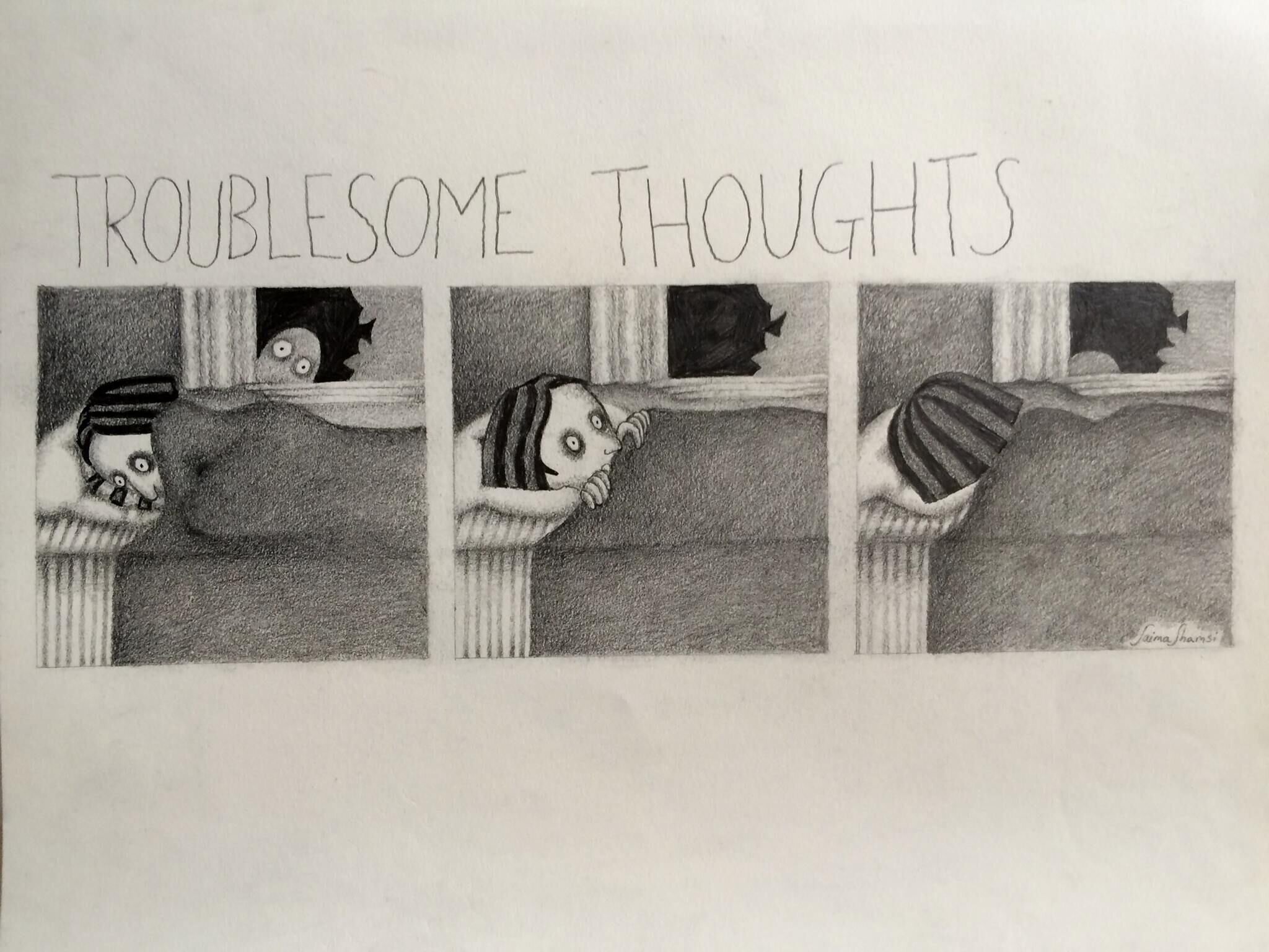 "Troublesome Thoughts." 11 x 13.5. Graphite. By Saima Shamsi