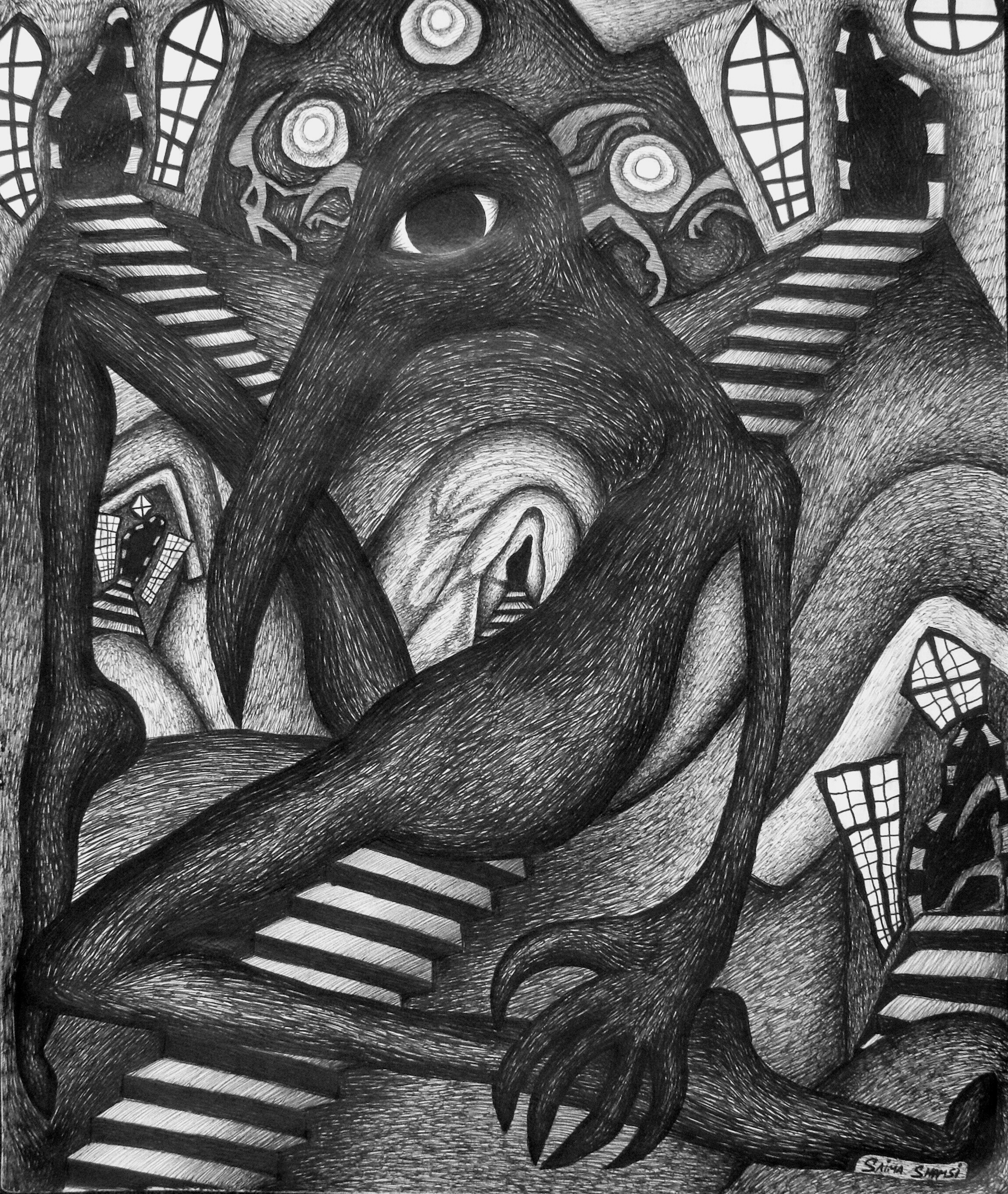 "The Birdman." 14 x 16.5. Pen & Ink. By Saima Shamsi