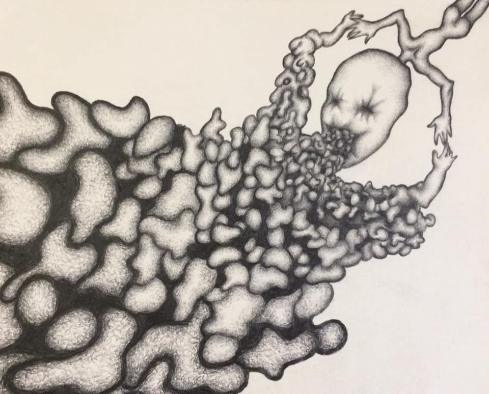 “JUDY, or Female Head Giving Birth to Tumult From Her Mouth.” 8 x 10. Graphite. By Saima Shamsi