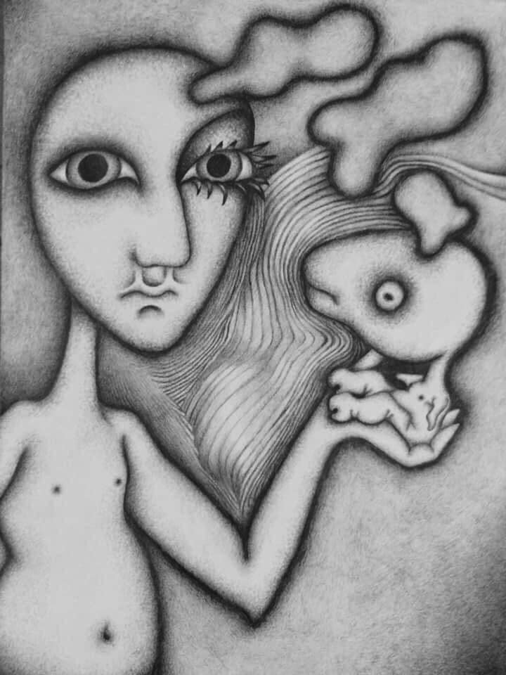 "Self-Portrait as a Boy: Transferring Thought to the Fetus of the Idea" 9 x 12. Graphite. By Saima Shamsi