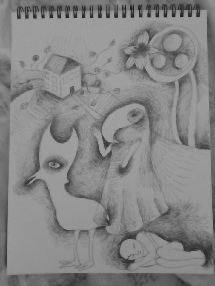 "The House that was Built On a Fire. 9 x 12. Ink. By Saima Shamsi
