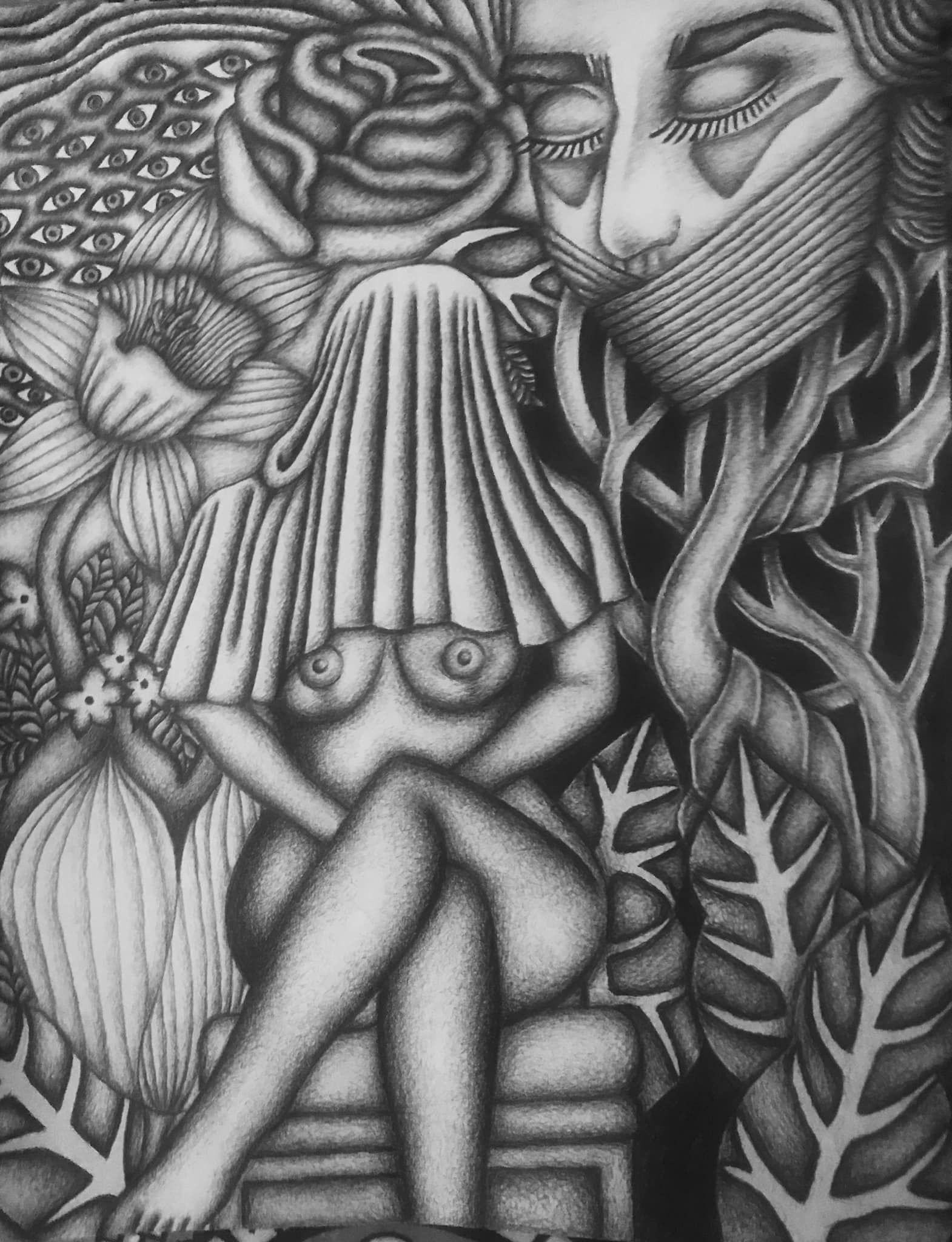 "Headless, Beneath the Birth-Giving Tree." Graphite. By Saima Shamsi