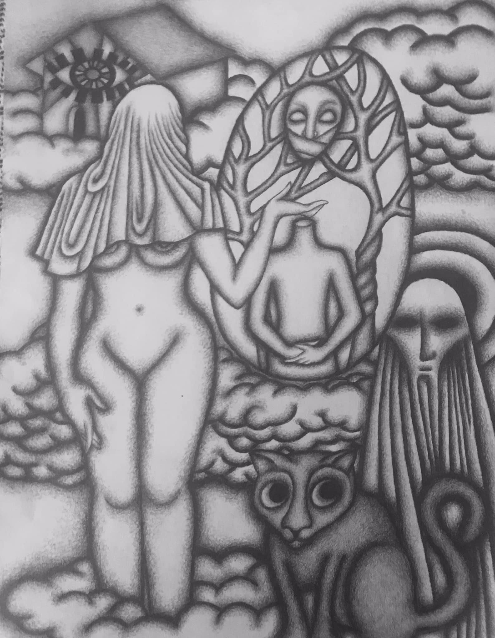 “Self-portrait without a head, in the clouds” a fine art drawing in Graphite by Saima Shamsi.