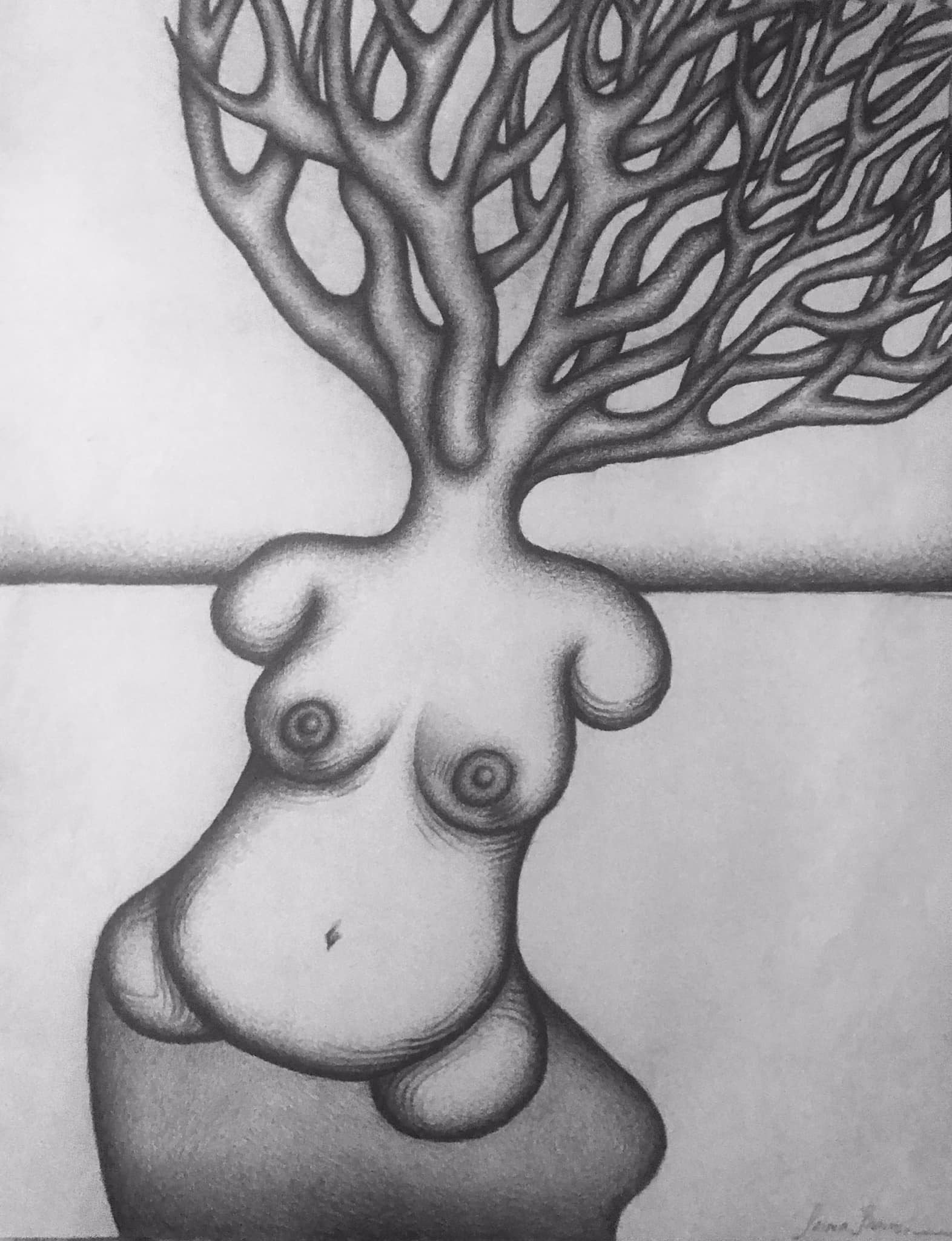 “Headless, armless woman” a drawing in Graphite by Saima Shamsi