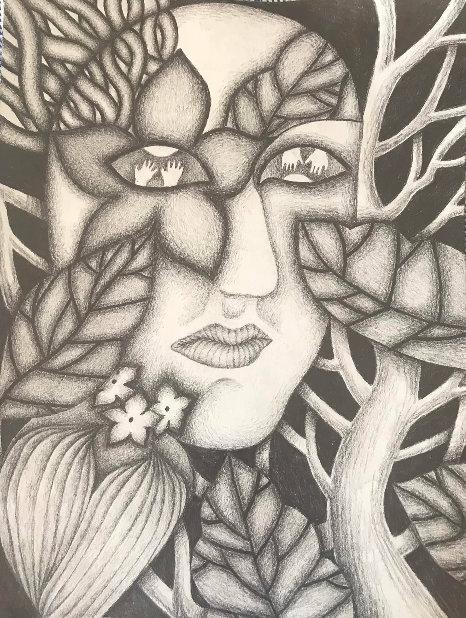 “Self-Portrait as a Flower” a fine art drawing in Graphite by Saima Shamsi