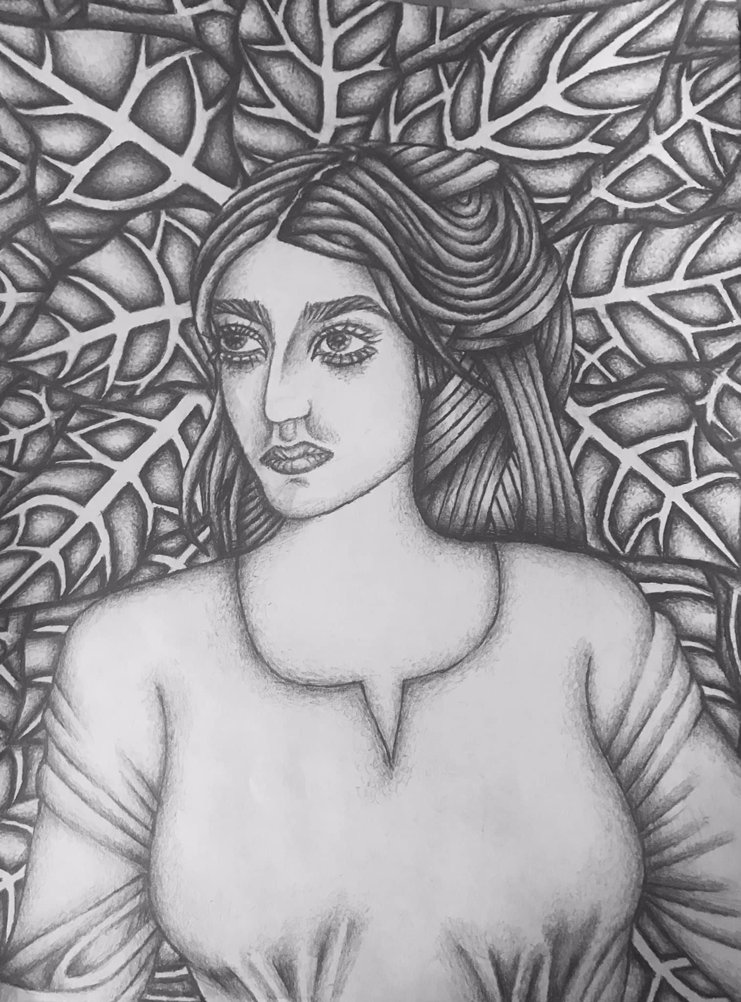 “Self-Portrait with Blossoming Leaves” a fine art drawing in Graphite by Saima Shamsi