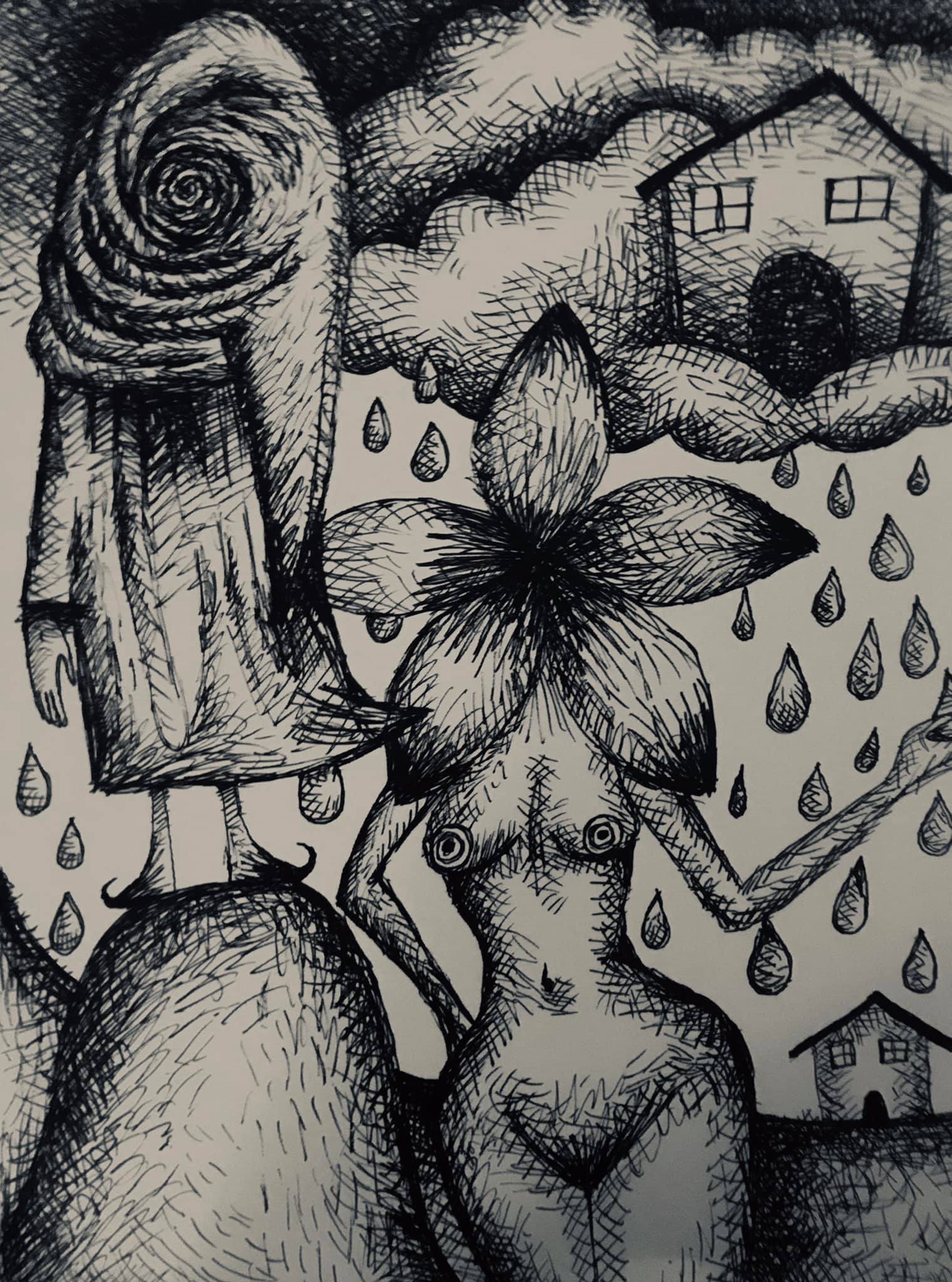 “me as a little girl in a shroud next to me as a faceless woman; and a home in the clouds raining down upon a home on earth.”
