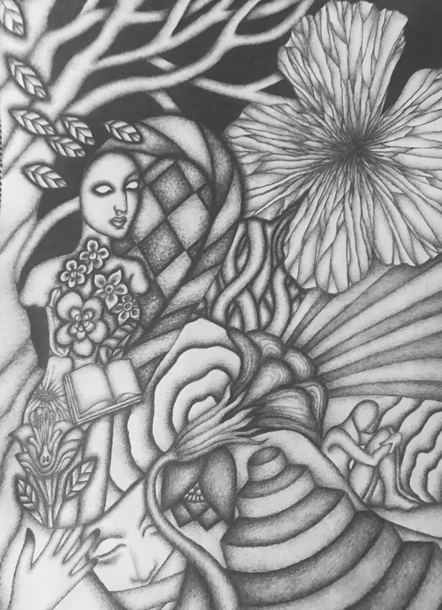 “Self-Portrait with Wrinkled Flower” in Graphite. Finished fine art drawing by Saima Shamsi